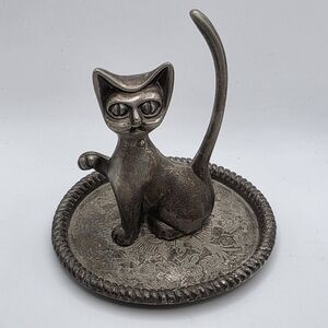 Vintage Mid Century Silver Plated Cat Figurine Ring Holder on Etched Tray 3.5"